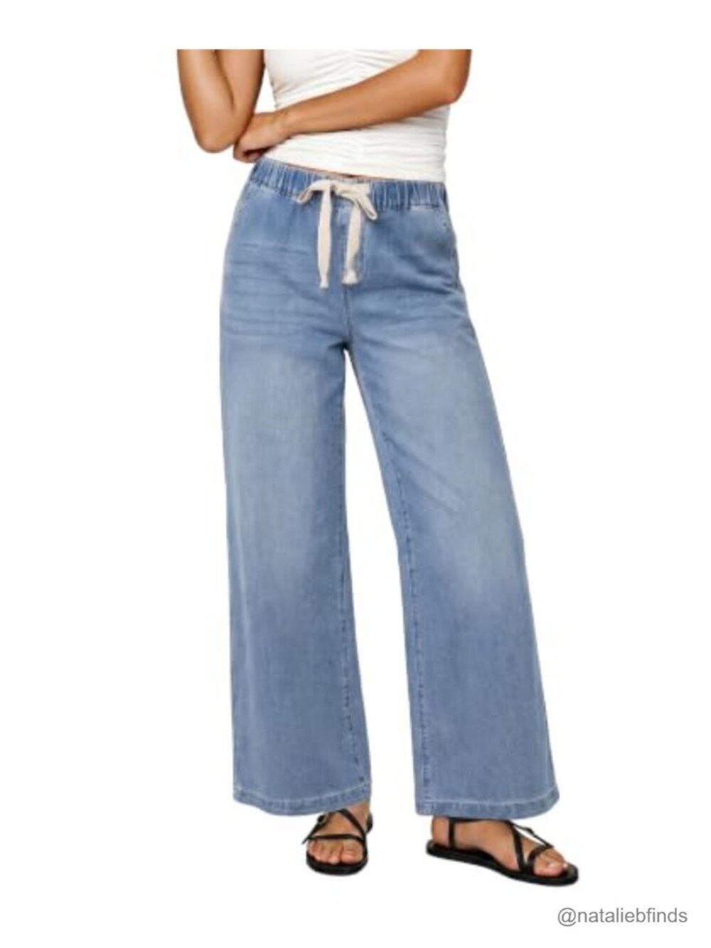 Wide Leg High Waist Elastic Waist Drawstring Denim Jeans Women Stretchy Cotton